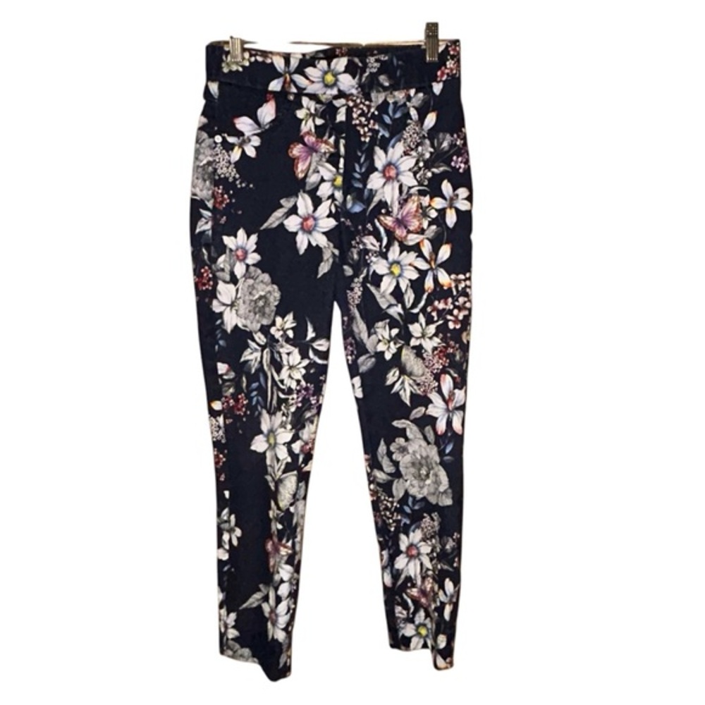 Robell Rose 09‎ Floral Pull On Ankle Grazer Pants Navy Women’s Size 2 EU 32